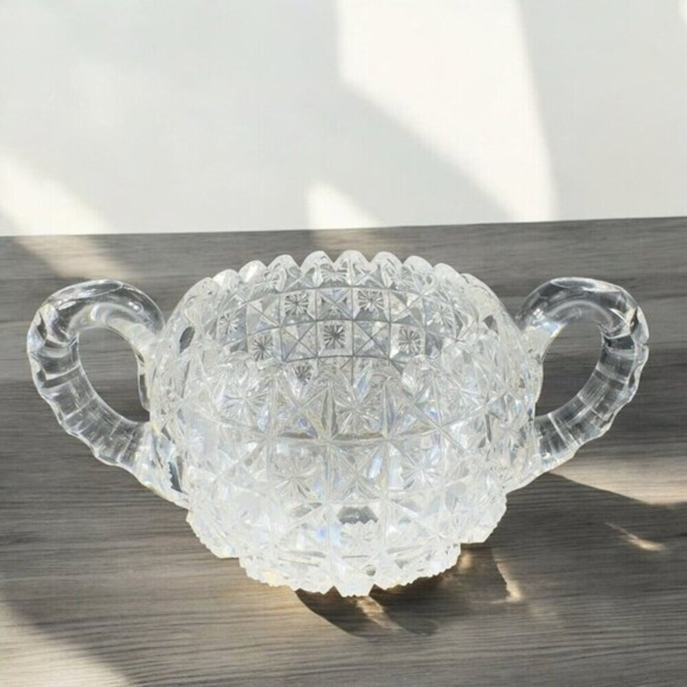 Antique Clear Crystal Glass Open Sugar‎ Bowl Vintage Glassware Decor Heavy Glass